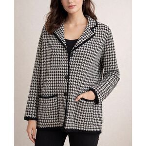 Kate Hill Italian merino wool houndstooth black and white collared cardigan 1x